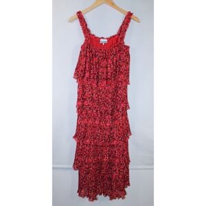 Ganni Women's Size 34 Red Tiered Floral Plisse-Chiffon Midi Dress